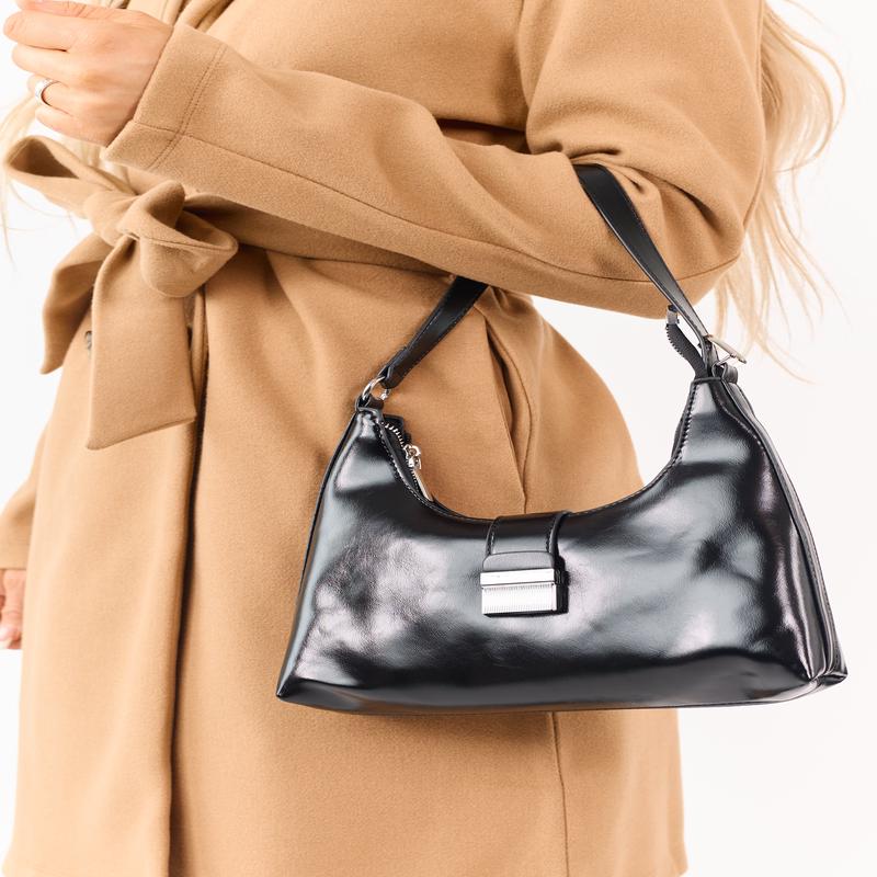 Black Patent Faux Leather Shoulder Strap Purse