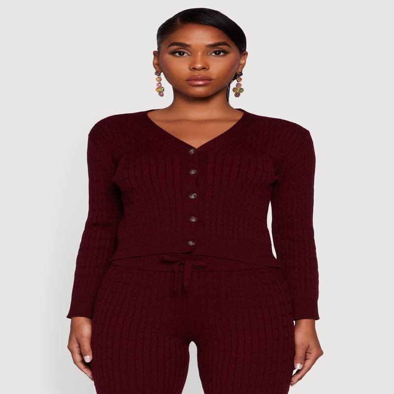 Cable Knit Cropped Button Front Cardigan