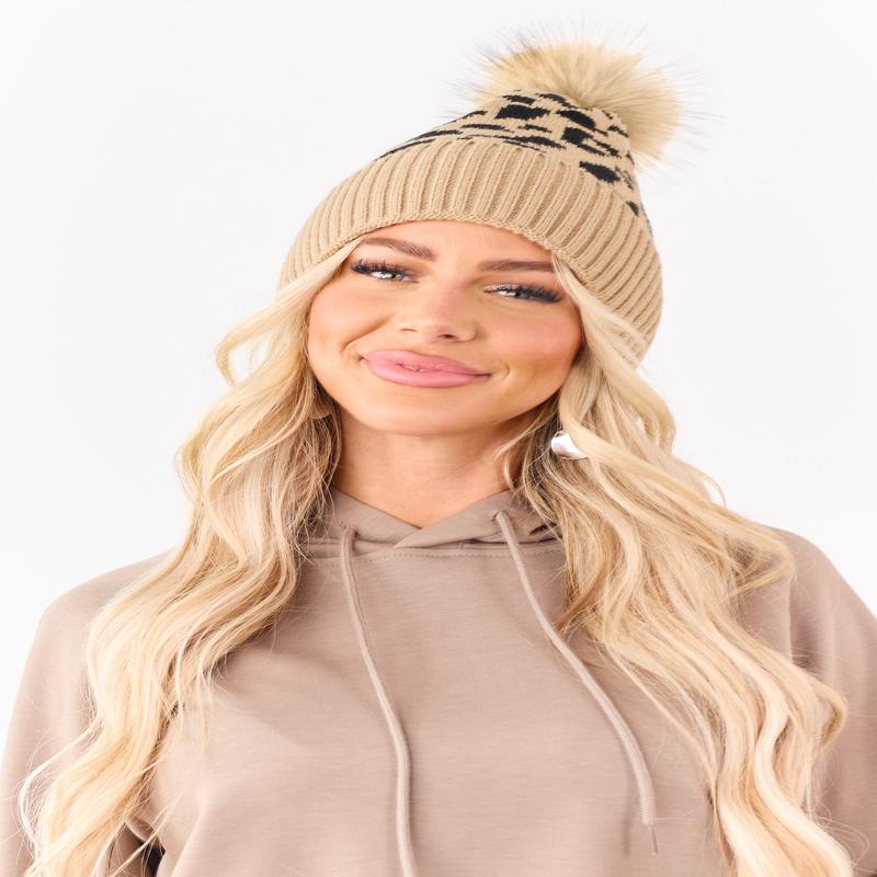 Camel Leopard Pattern Rib Knit Pom Pom Beanie