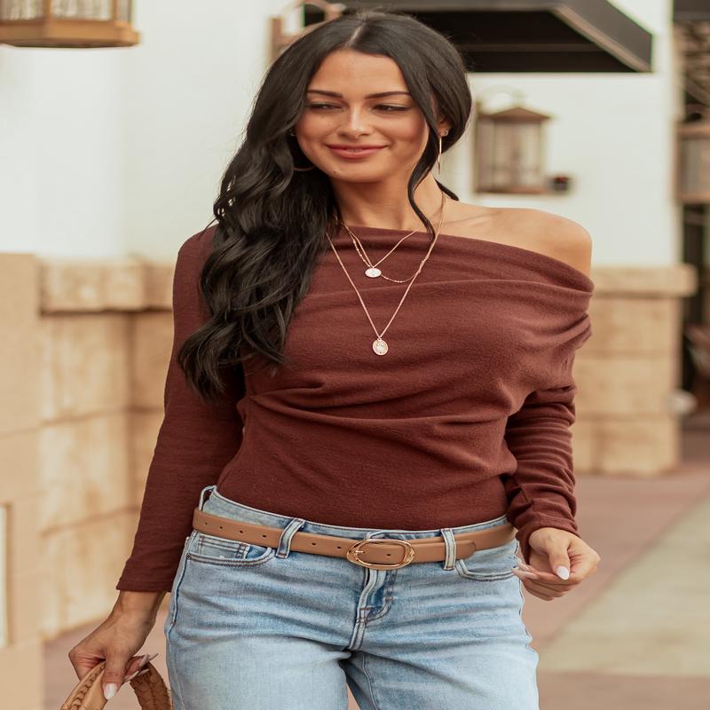 Cinnamon One Shoulder Ruched Long Sleeve Top
