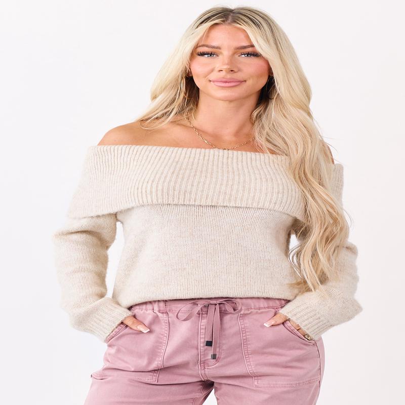 Entro Almond Wool Blend Off Shoulder Sweater