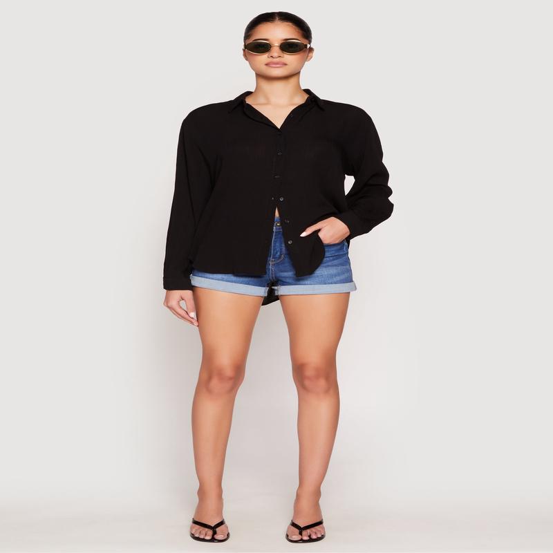 Gauze Knit Twist Back Button Front Shirt