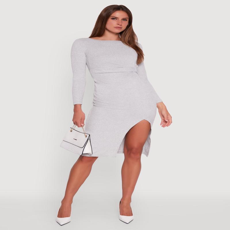Marled Boat Neck Ruched Side Slit Midi Dress