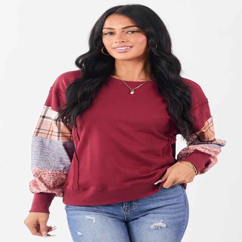Maroon Contrast Patchwork Raw Seam Sweatshirt