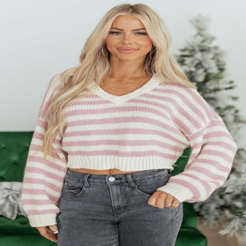 Mauve and Ivory Striped Cropped Boxy Sweater