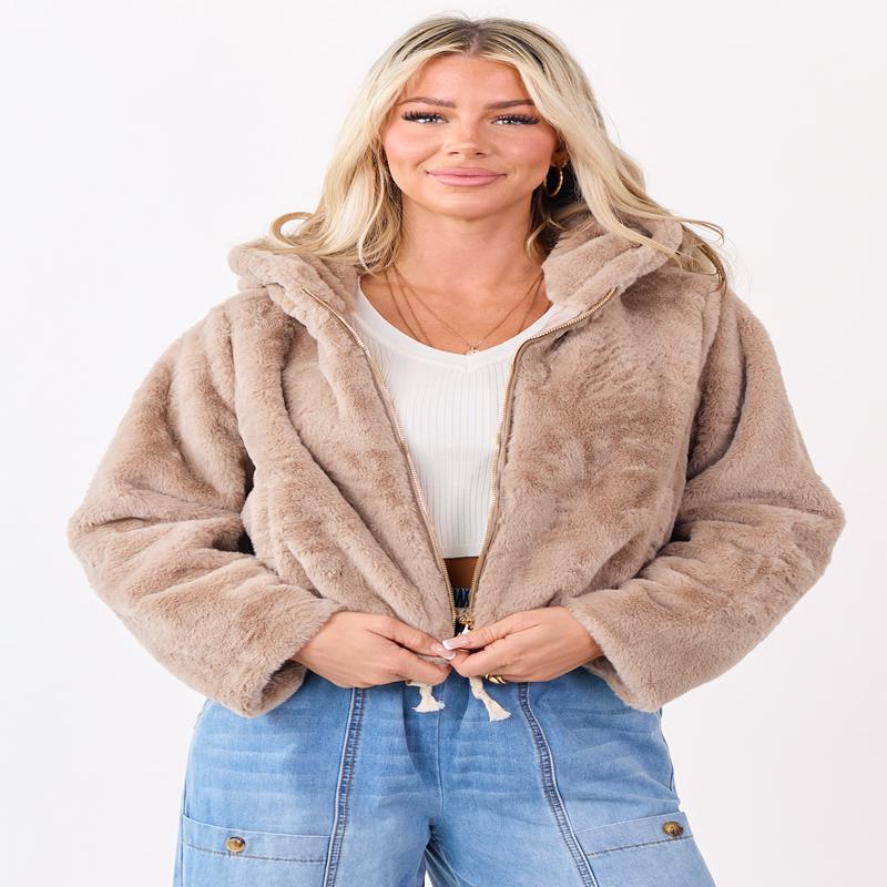 Oatmeal Faux Fur Hooded Zip Up Jacket