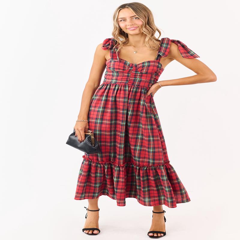 Ruby Plaid Tie Strap Sweetheart Midi Dress