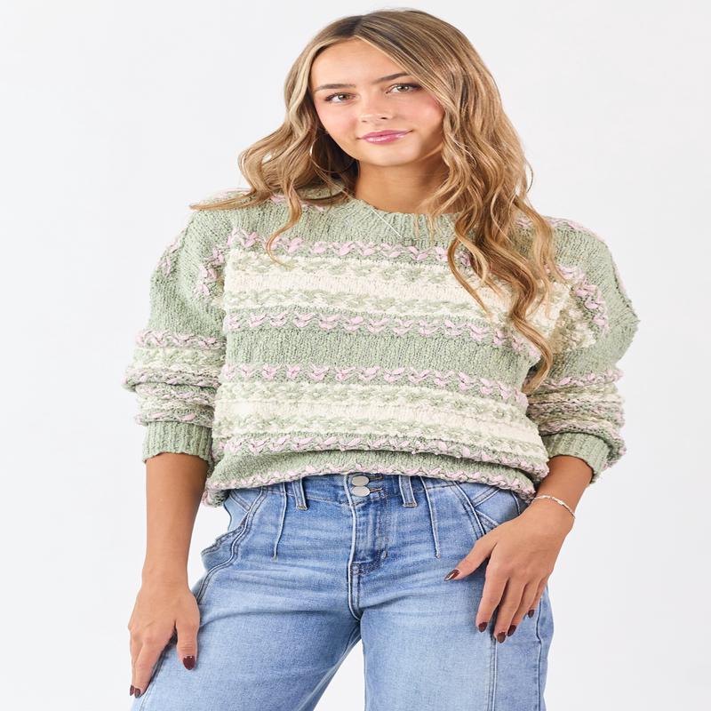 Sage Colorblock Textured Striped Soft Knit Sweater
