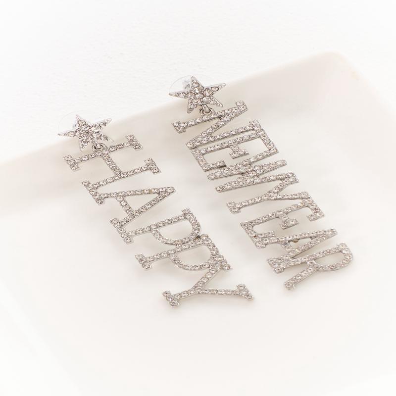 Silver Rhinestone 'Happy New Year' Dangle Earrings