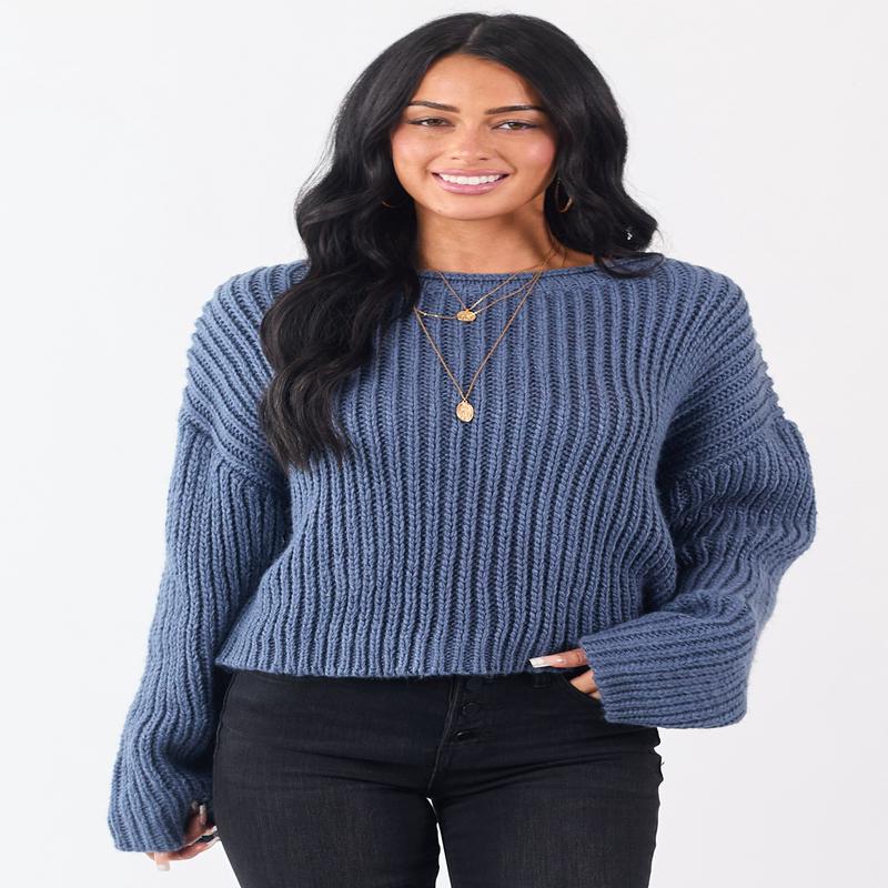 Steel Blue Chunky Rib Knit Boxy Boat Neck Sweater