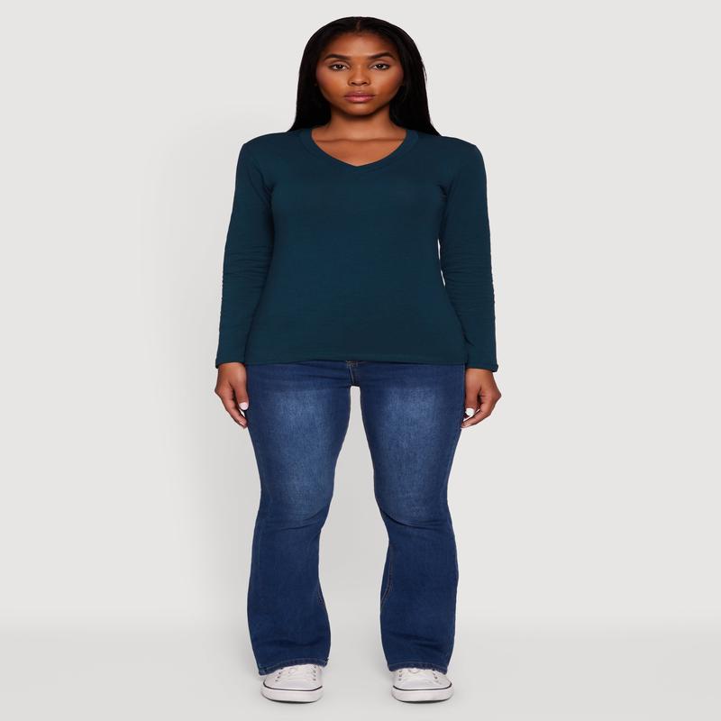 V-Neck Long Sleeve Solid T-Shirt