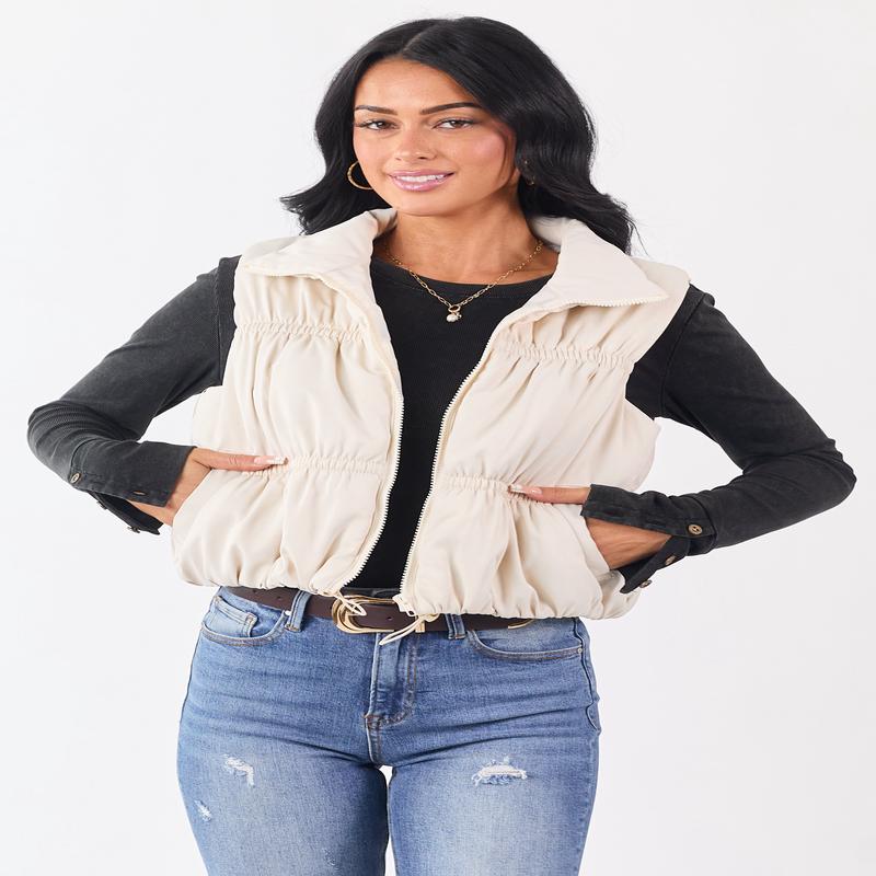 Vanilla Ruched Zip Up Puffer Vest