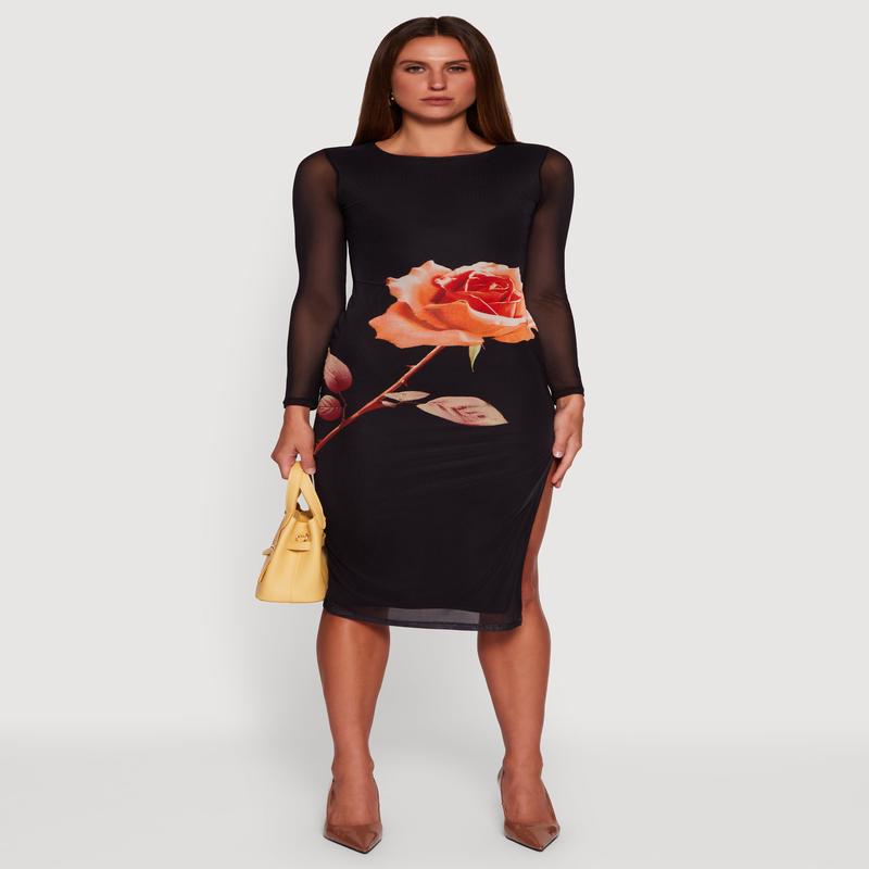 Almost Famous Mesh Rose Print Side Slit Dress