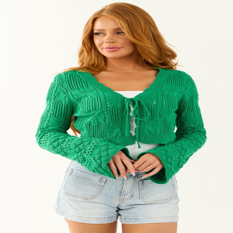 Bright Jade Scalloped Trim Crochet Knit Cardigan