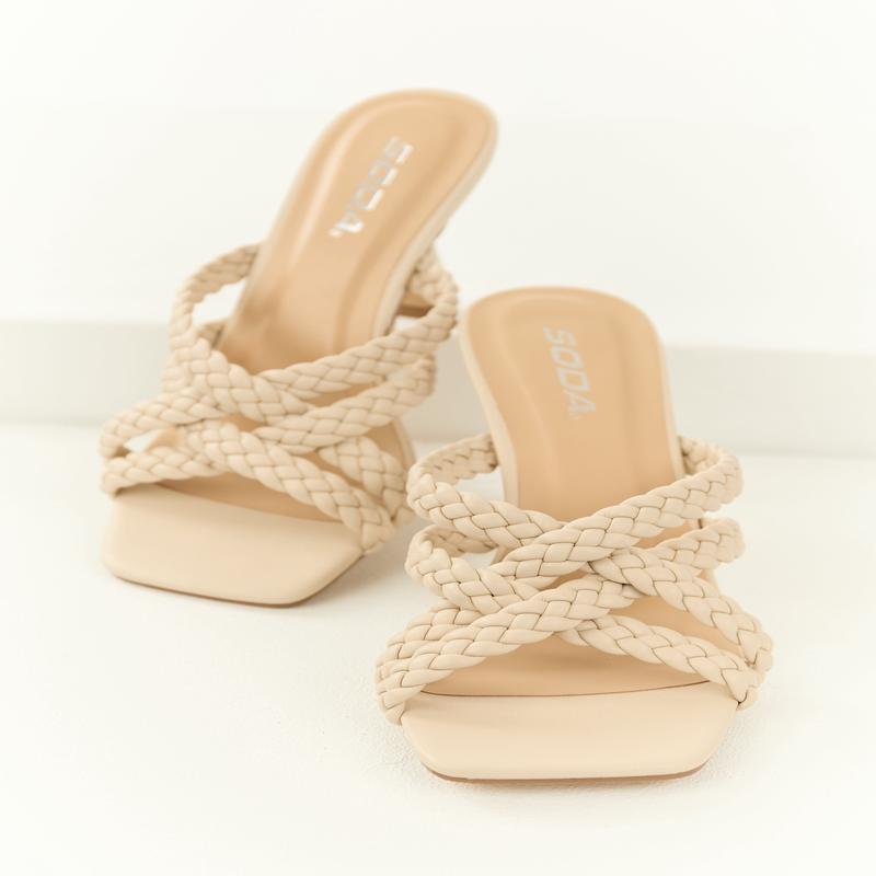 Champagne Braided Strap Square Toe Heels
