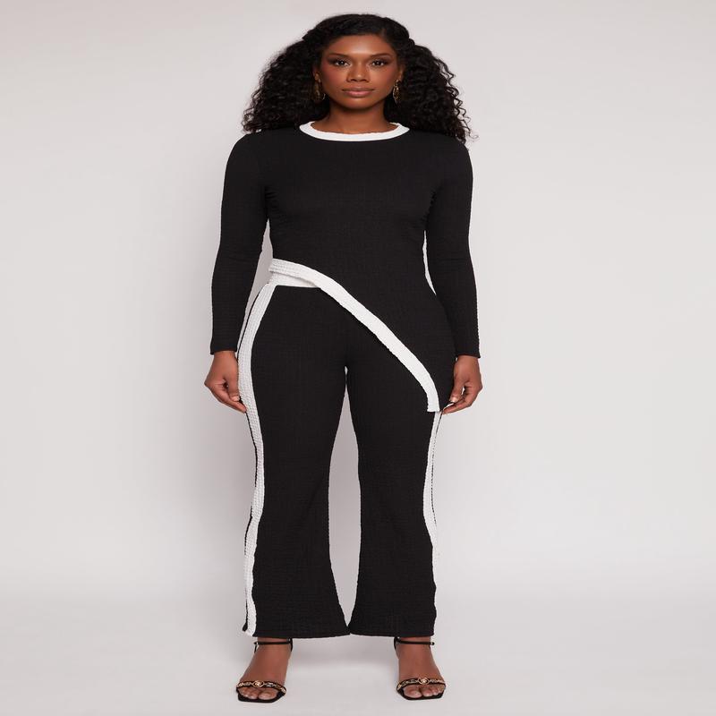 Contrast Trim Textured Knit Pants