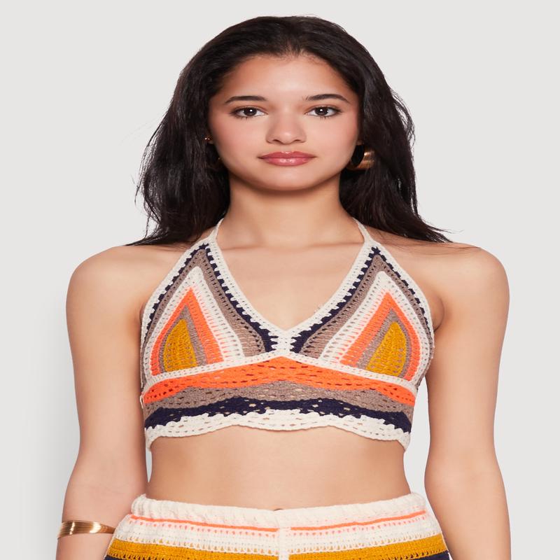 Crochet V Neck Striped Cop Top