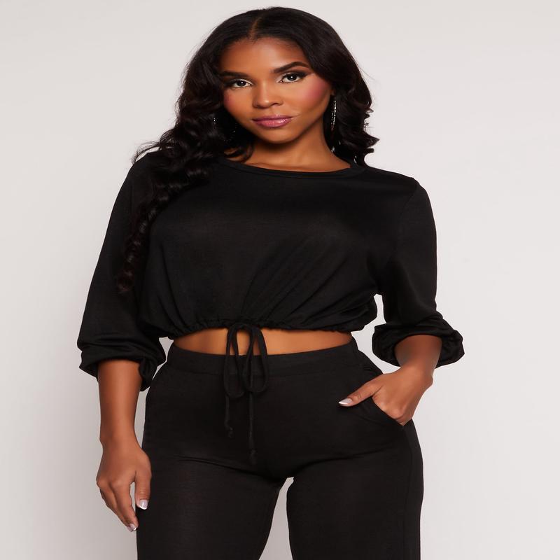 Daisy Drawstring Hem Long Sleeve Crop Top