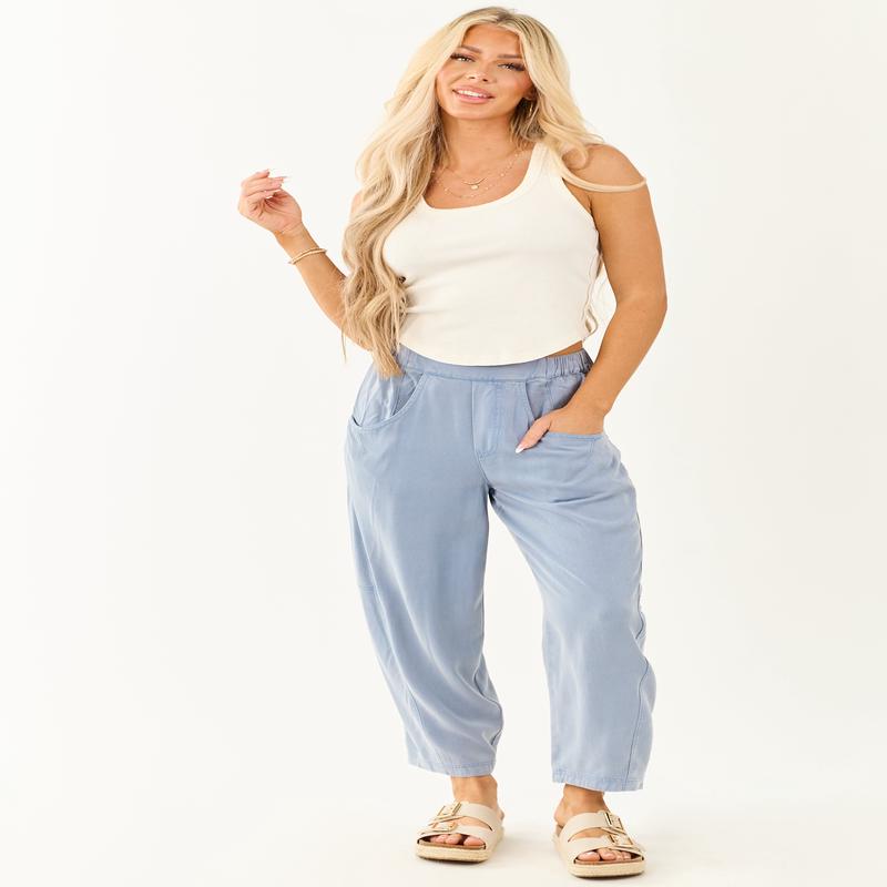 Dusty Blue Vintage Wash Soft Lightweight Barrel Pants