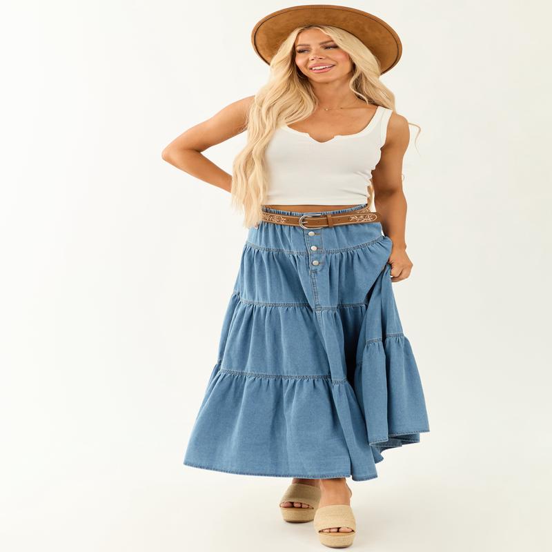 Medium Wash Chambray Denim Flowy Maxi Skirt
