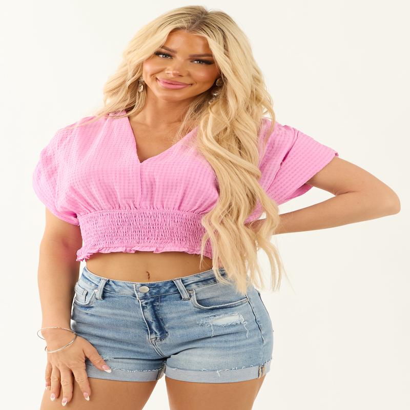 Orchid Smocked V Neckline Half Sleeve Waffle Blouse