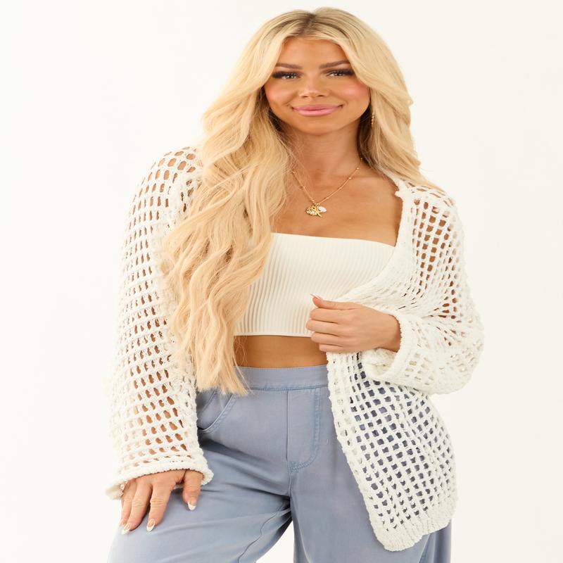 POL Off White Open Front Knit Cardigan