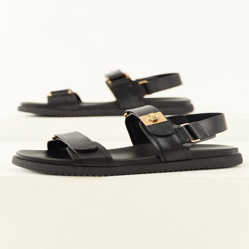 Black Pleather Open Toed Velcro Strap Sandals
