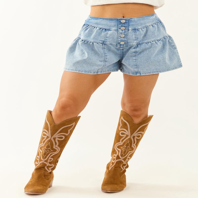 Cello Light Wash Chambray Denim Flare Shorts