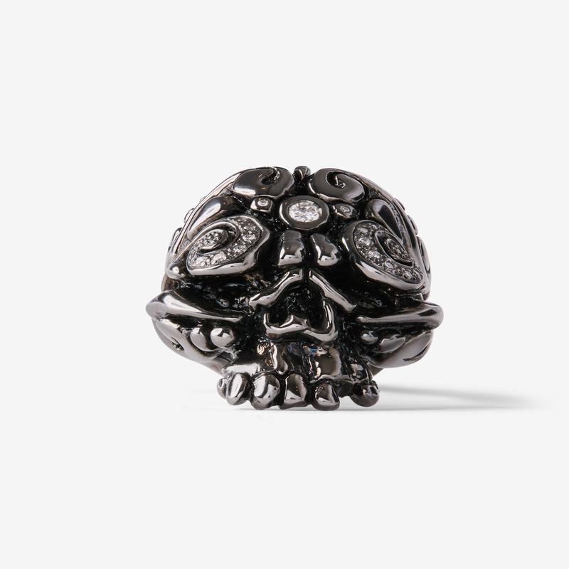 Duffy - Mens Silver Diamond Black Rhodium Skull Ring - (Black)