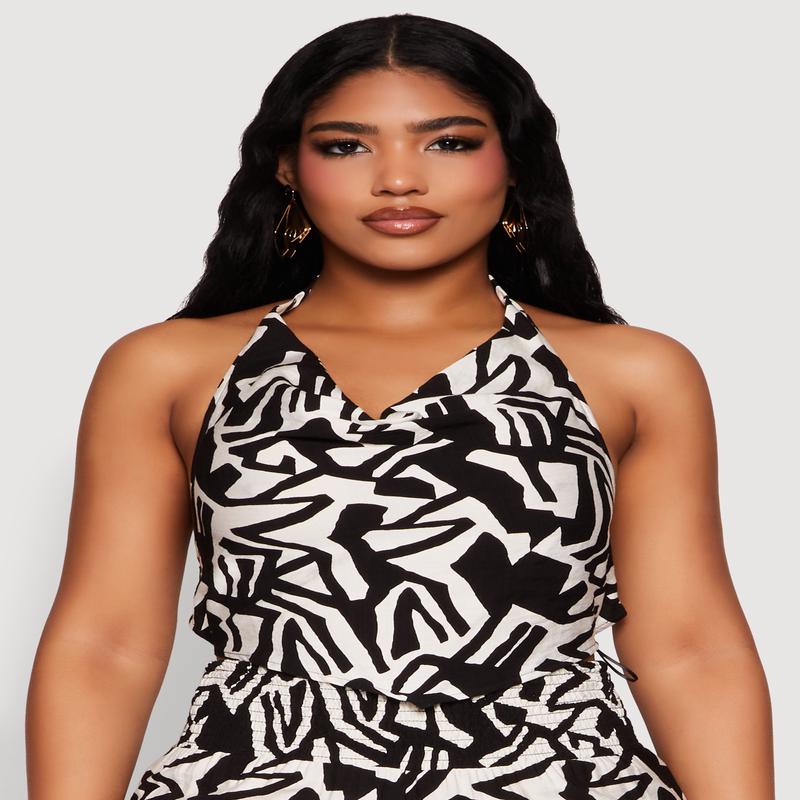 Iris Printed Pattern Cowl Neck Crop Top