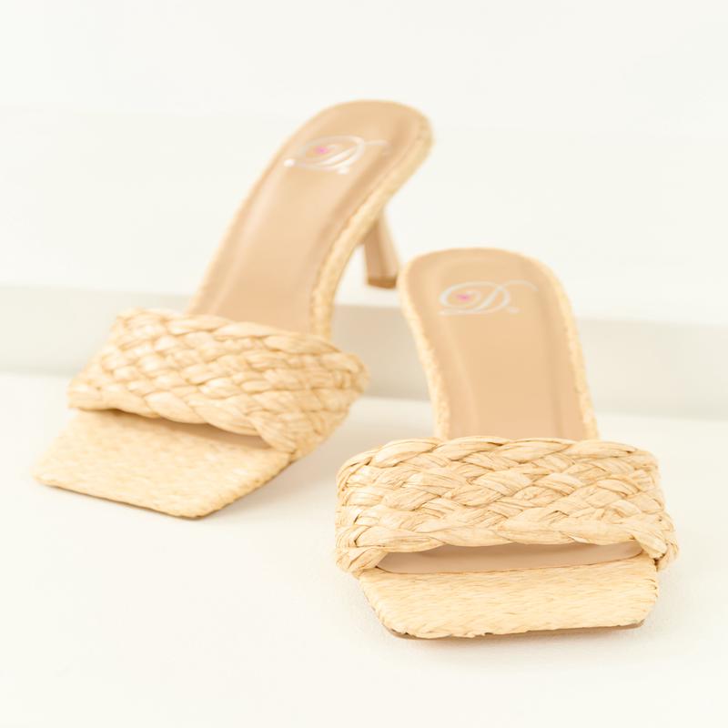 Light Desert Sand Woven Raffia Strap Stiletto Heels
