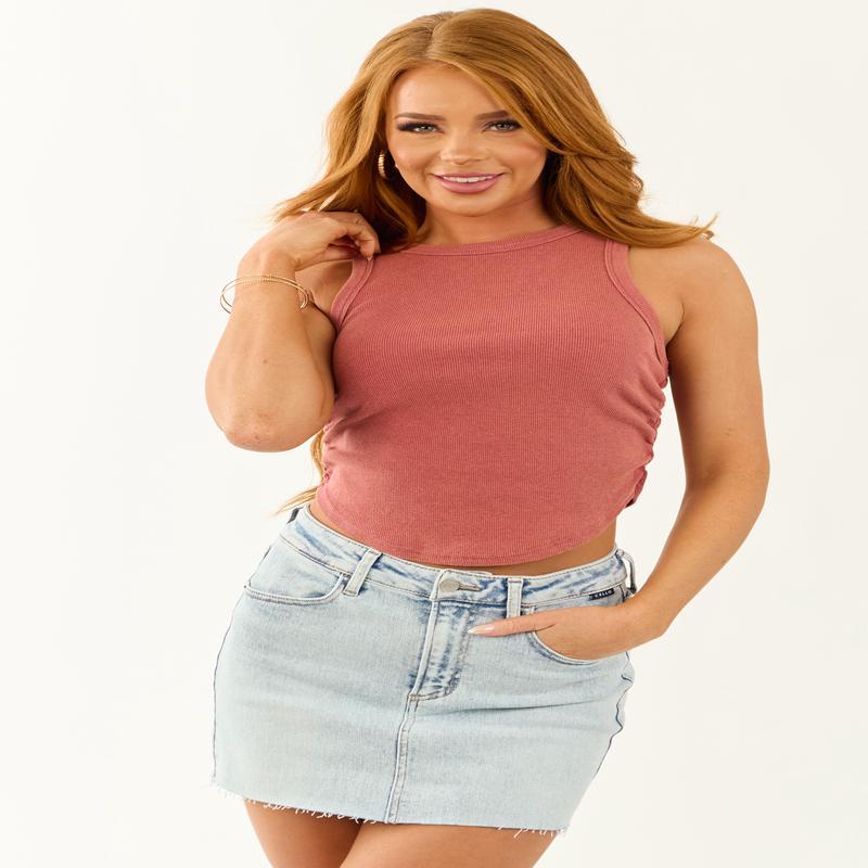 Marsala Ribbed Knit Crew Neck Tank Top