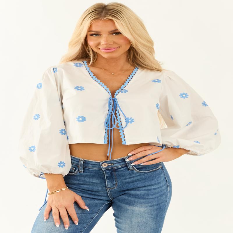 Off White Front Tie Long Sleeve Embroidered Blouse