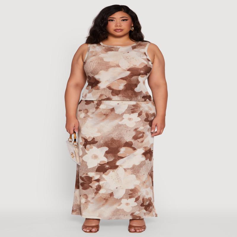 Plus Size Printed Patterned Mesh Tank Top and Side Slit Maxi Skirt