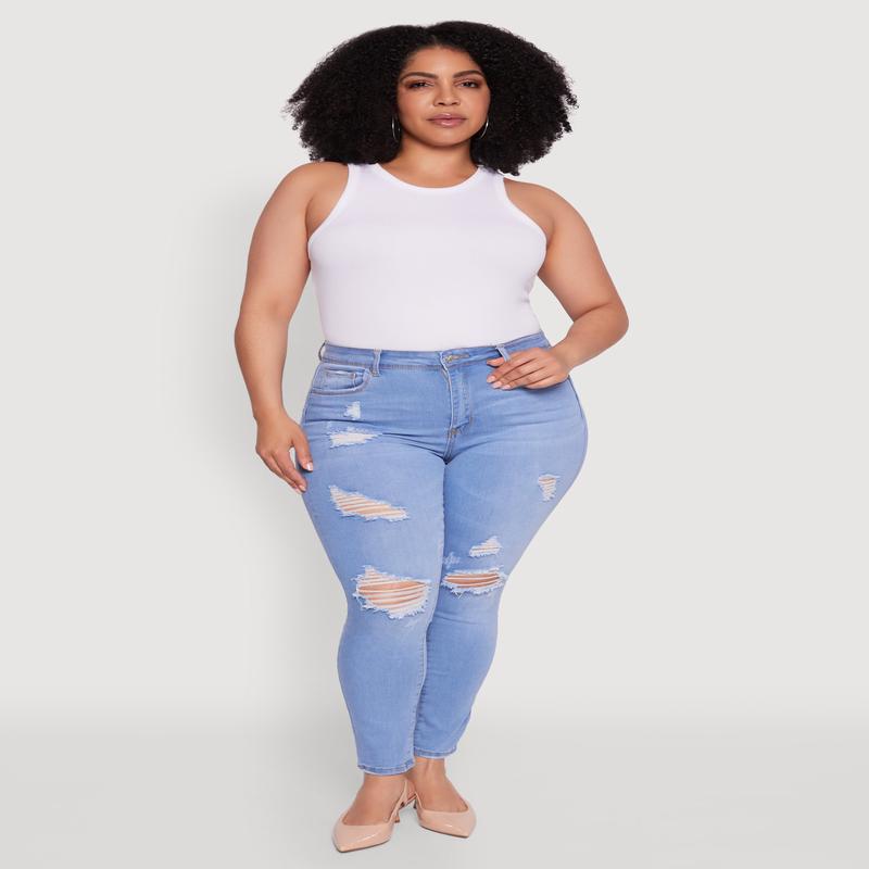 Plus Size WAX High Waisted Distressed Frayed Skinny Jeans