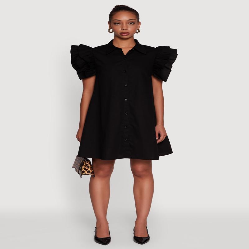 Poplin Button Front Flutter Sleeve Dress