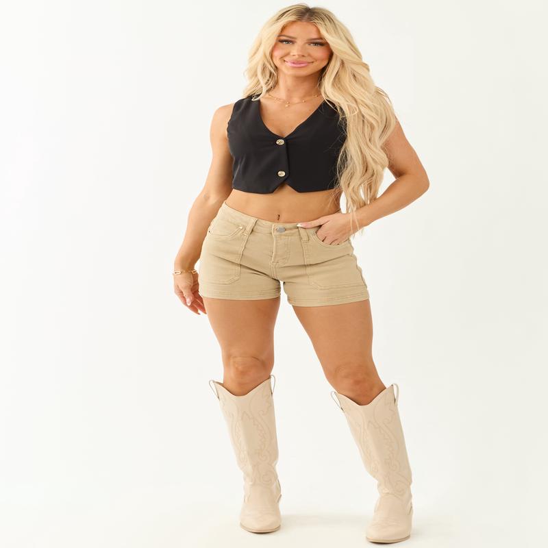 Risen Khaki Stretchy High Rise Patch Pocket Shorts