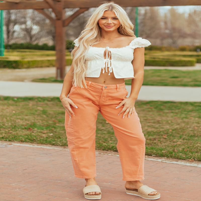 Risen Melon High Rise Cuffed Stretchy Barrel Jeans