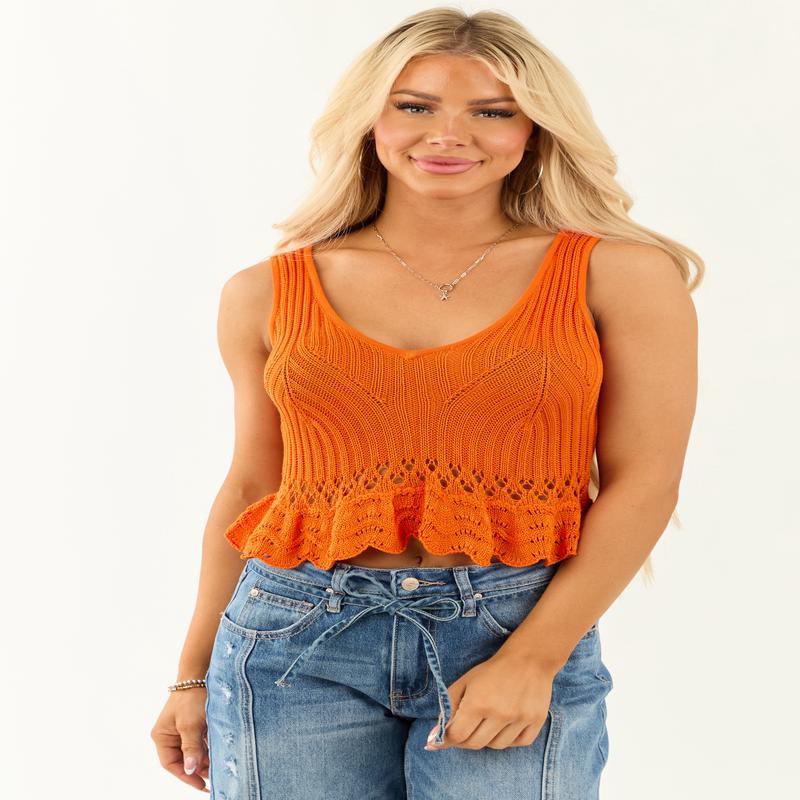 Sunset Ruffle Hem Knit Cropped Tank Top