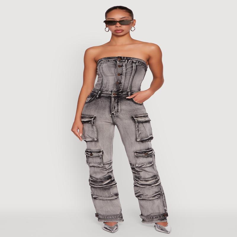 Acid Wash Denim Multi Cargo Pocket Strapless Jumpsuit