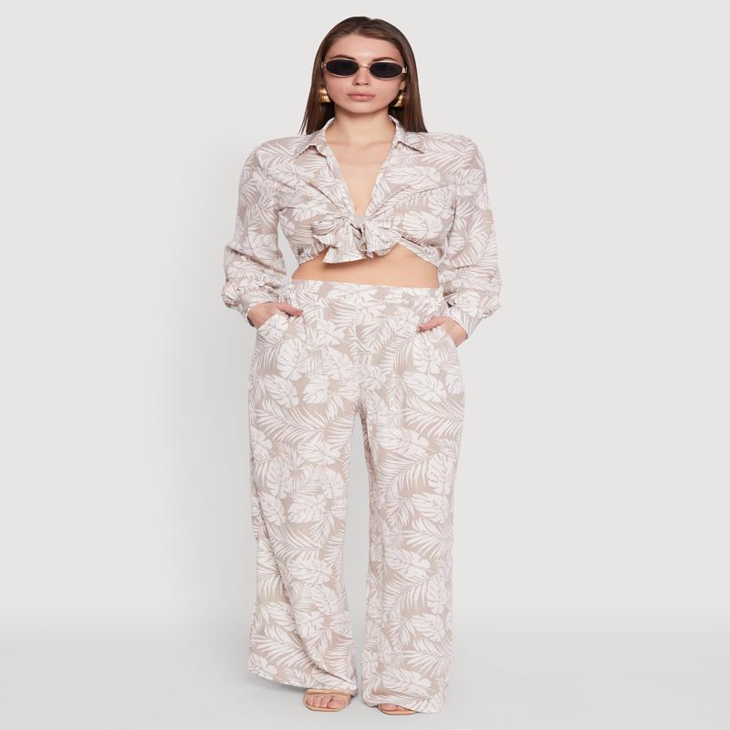 Airy Leaf Print Palazzo Pants