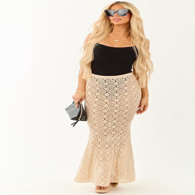 Almond Open Pointelle Crochet Mermaid Maxi Skirt
