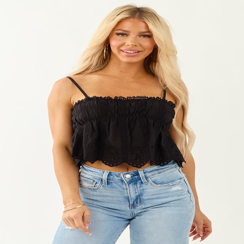 Black Eyelet Lace Trim Sleeveless Ruffle Blouse