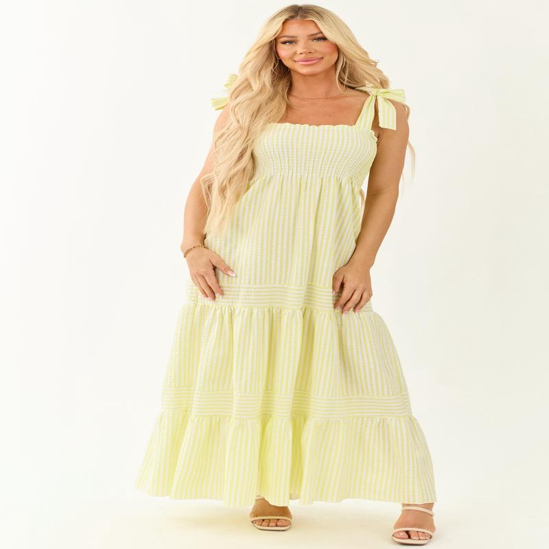 Citron Striped Shoulder Tie Maxi Dresses