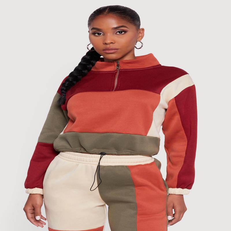 Color Block Quarter Zip Funnel Neck Sweatshirt