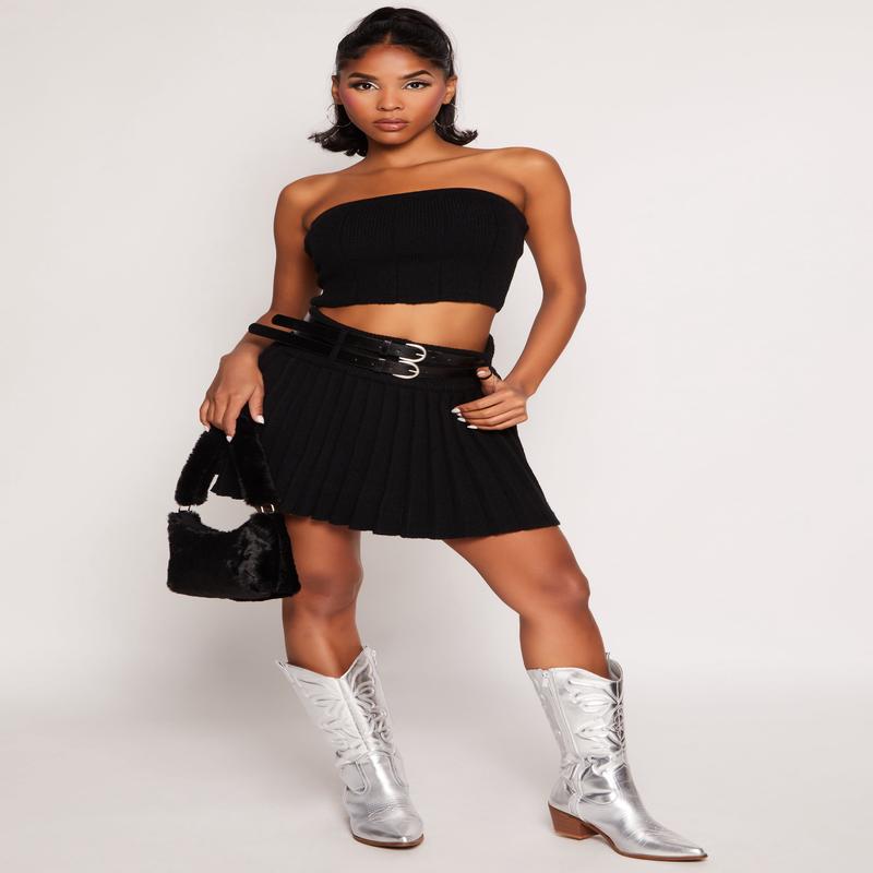 Haute Monde Double Belted Knit Pleated Skirt