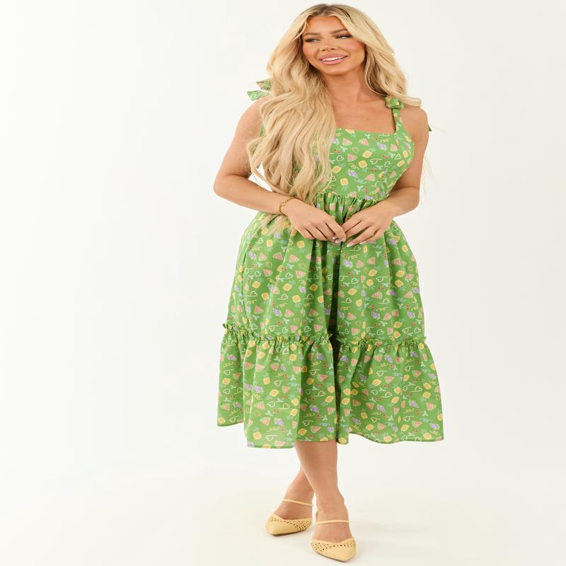 Lovelo Kelly Green Fruit Print Tie Strap Midi Dress