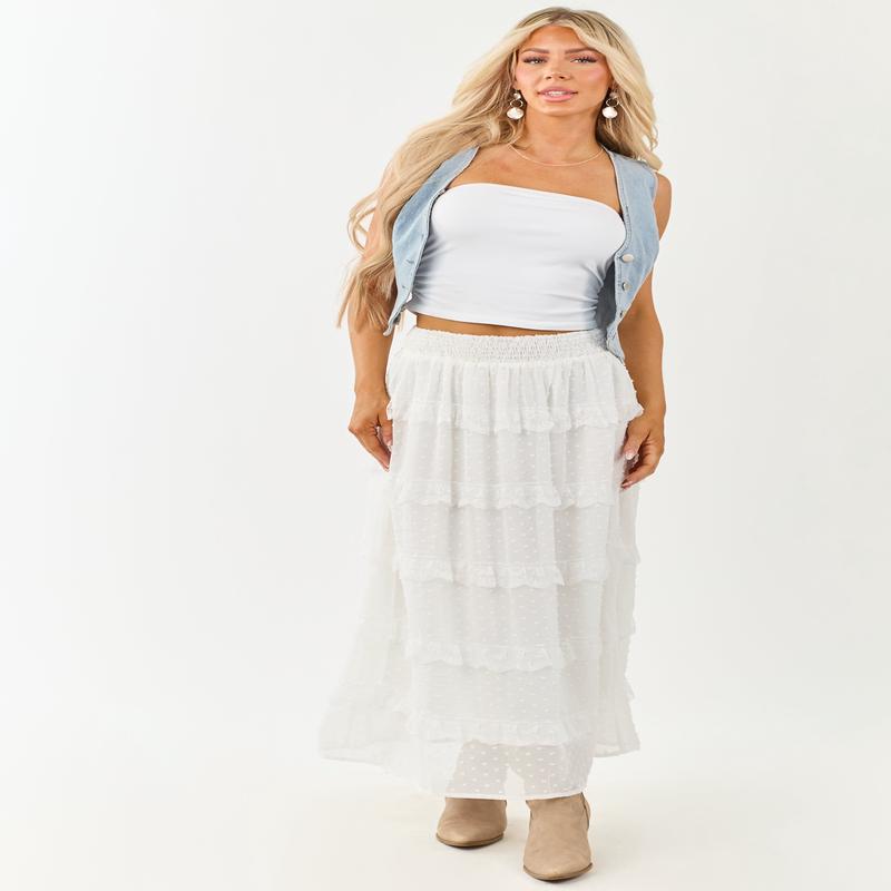 Lovelo Off White Lace Swiss Dot Chiffon Maxi Skirt