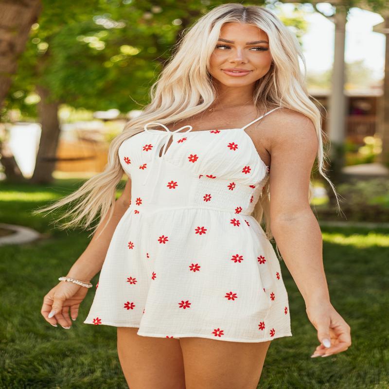 Off White Floral Embroidery Sleeveless Romper