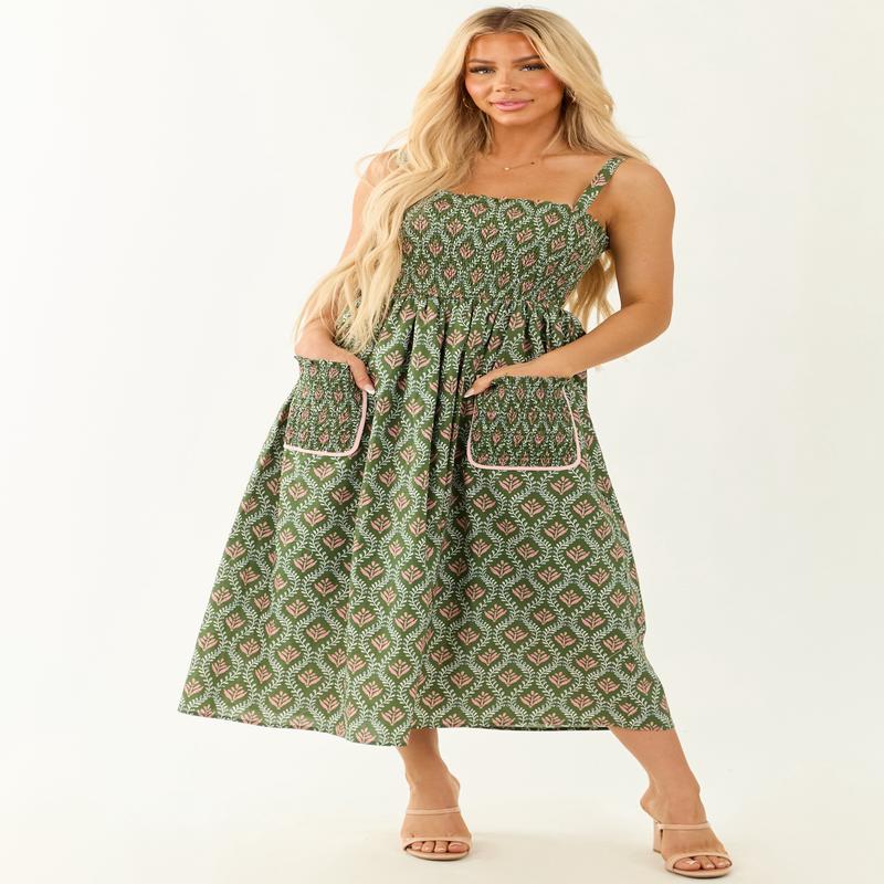 Olive Abstract Print Sleeveless Smocked Midi Dress